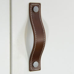 Caracu Contrast-Stitched Brown Leather Door Pull with Satin Chrome Fixings