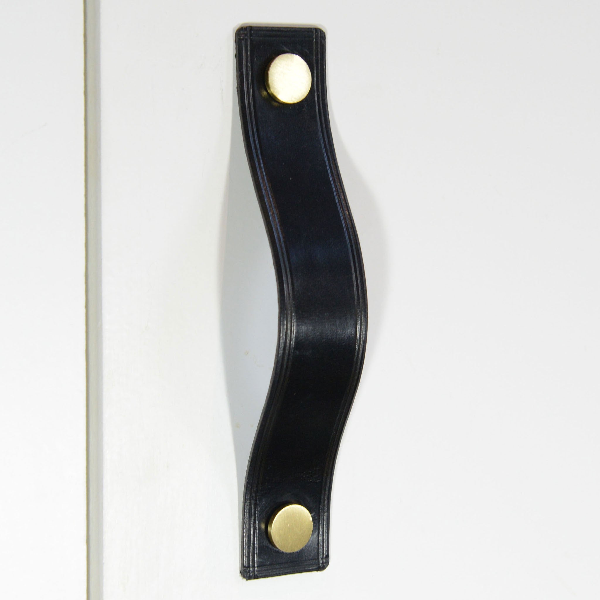 Gascon Double Creased Black Leather Door Pull with Satin Brass Fixings