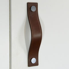 Gascon Double Creased Brown Leather Door Pull with Satin Chrome Fixings