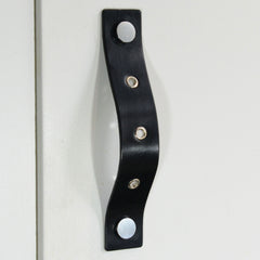 Herens Riveted Black Leather Door Pull with Satin Chrome Fixings