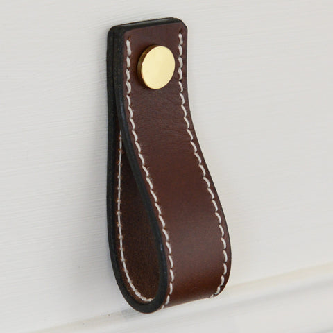 Lourdais Folded Brown Leather Door Pull with Polished Brass Fixings