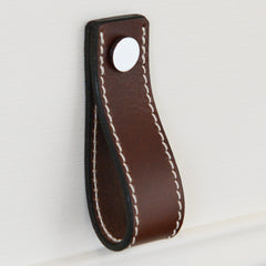 Lourdais Folded Brown Leather Door Pull with Polished Chrome Fixings