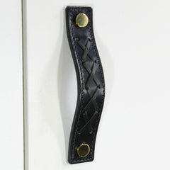 Texon Woven Black Leather Door Pull with Polished Brass fixings