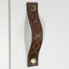Texon Woven Brown Leather Door Pull with Polished Brass fixings