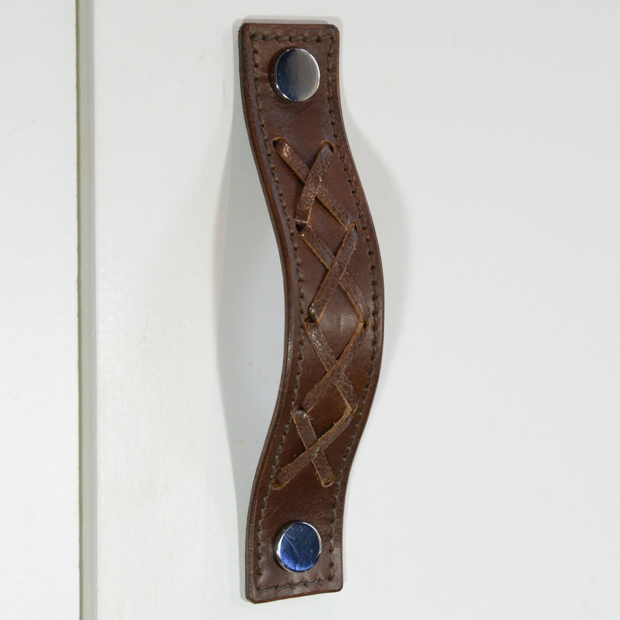 Texon Woven Brown Leather Door Pull with Polished Chrome fixings