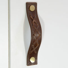 Texon Woven Brown Leather Door Pull with Satin Brass fixings