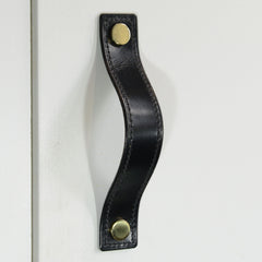 Alderney Stitched Black Leather Door Pull with Polished Brass Fixings