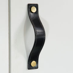 Alderney Stitched Black Leather Door Pull with Satin Brass Fixings