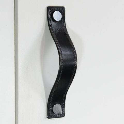 Alderney Stitched Black Leather Door Pull with Satin Chrome Fixings