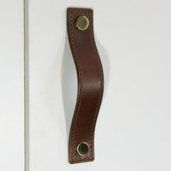 Alderney Stitched Brown Leather Door Pull with Polished Brass Fixings