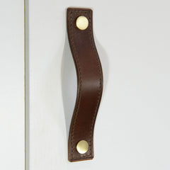 Alderney Stitched Brown Leather Door Pull with Satin Brass Fixings