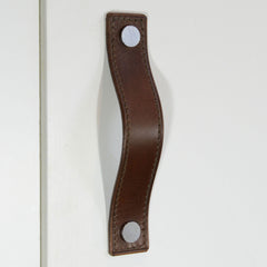 Alderney Stitched Brown Leather Door Pull with Satin Chrome Fixings