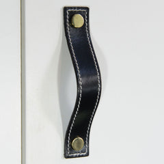 Caracu Contrast-Stitched Black Leather Door Pull with Polished Brass Fixings
