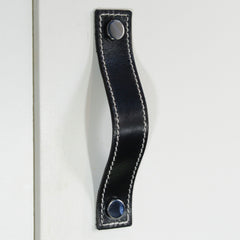 Caracu Contrast-Stitched Black Leather Door Pull with Polished Chrome Fixings