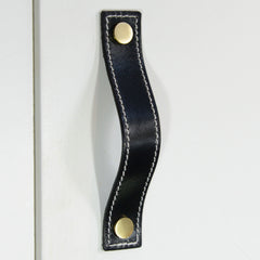 Caracu Contrast-Stitched Black Leather Door Pull with Satin Brass Fixings