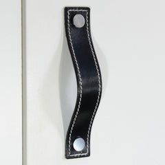 Caracu Contrast-Stitched Black Leather Door Pull with Satin Chrome Fixings