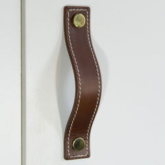 Caracu Contrast-Stitched Brown Leather Door Pull with Polished Brass Fixings
