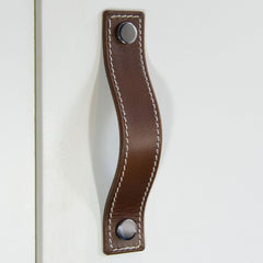 Caracu Contrast-Stitched Brown Leather Door Pull with Polished Chrome Fixings