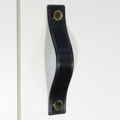Gascon Double Creased Black Leather Door Pull with Polished Brass Fixings