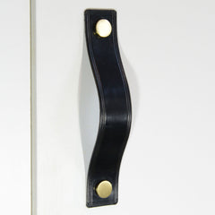 Gascon Double Creased Black Leather Door Pull with Satin Brass Fixings