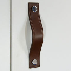 Gascon Double Creased Brown Leather Door Pull with Polished Chrome Fixings
