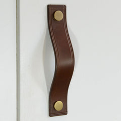 Gascon Double Creased Brown Leather Door Pull with Satin Brass Fixings