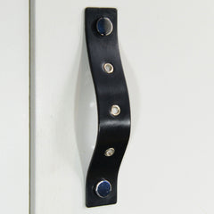 Herens Riveted Black Leather Door Pull with Polished Chrome Fixings