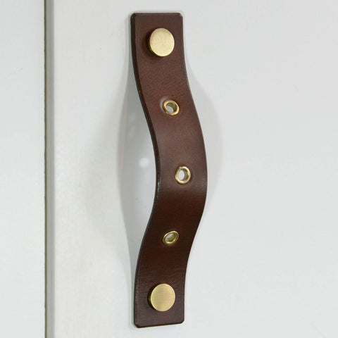 Herens Riveted Brown Leather Door Pull with Satin Brass Fixings