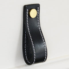 Lourdais Folded Black Leather Door Pull with Polished Brass Fixings