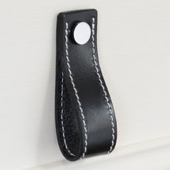 Lourdais Folded Black Leather Door Pull with Polished Chrome Fixings