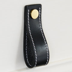 Lourdais Folded Black Leather Door Pull with Satin Brass Fixings