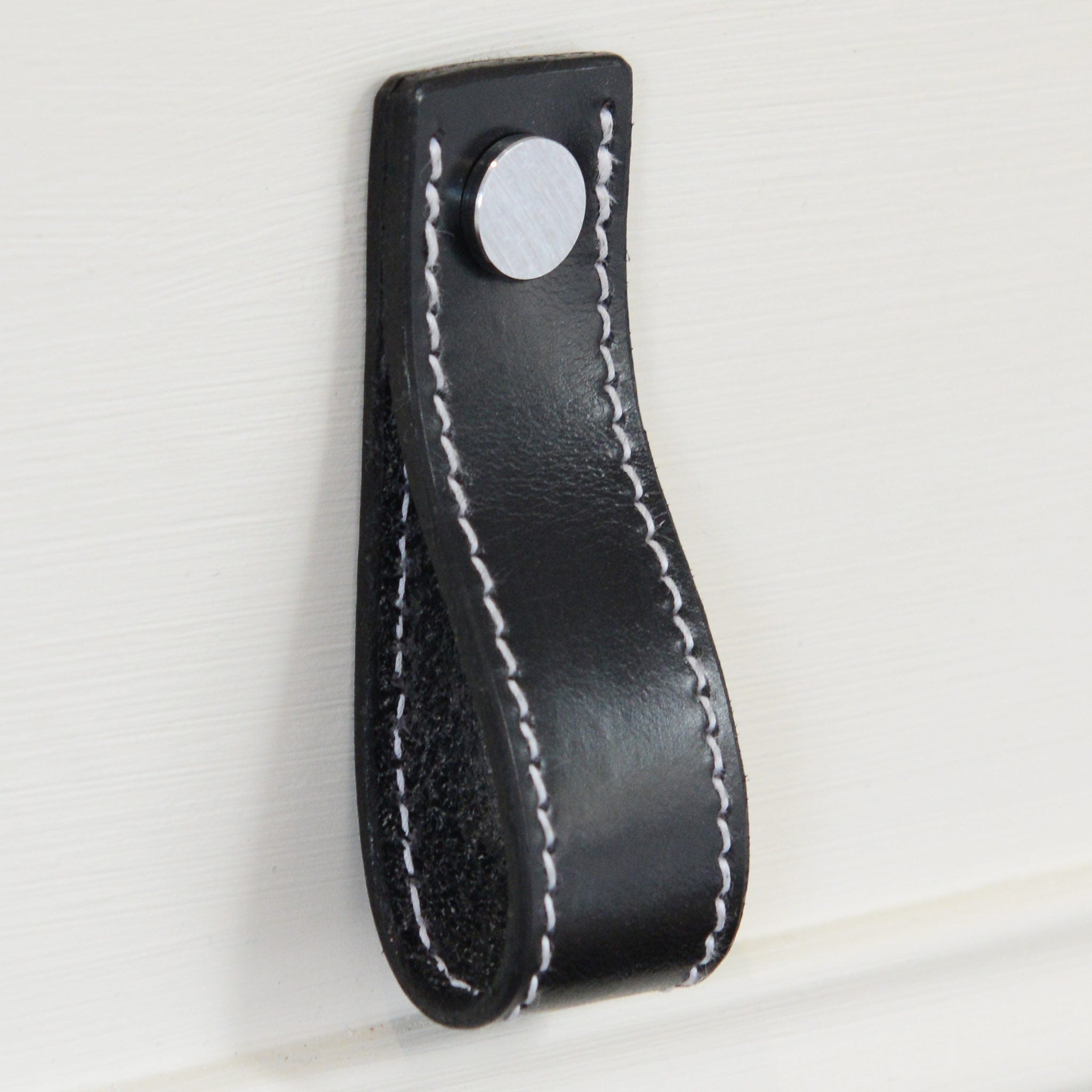 Lourdais Folded Black Leather Door Pull with Satin Chrome Fixings