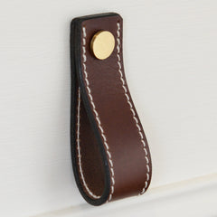 Lourdais Folded Brown Leather Door Pull with Satin Brass Fixings