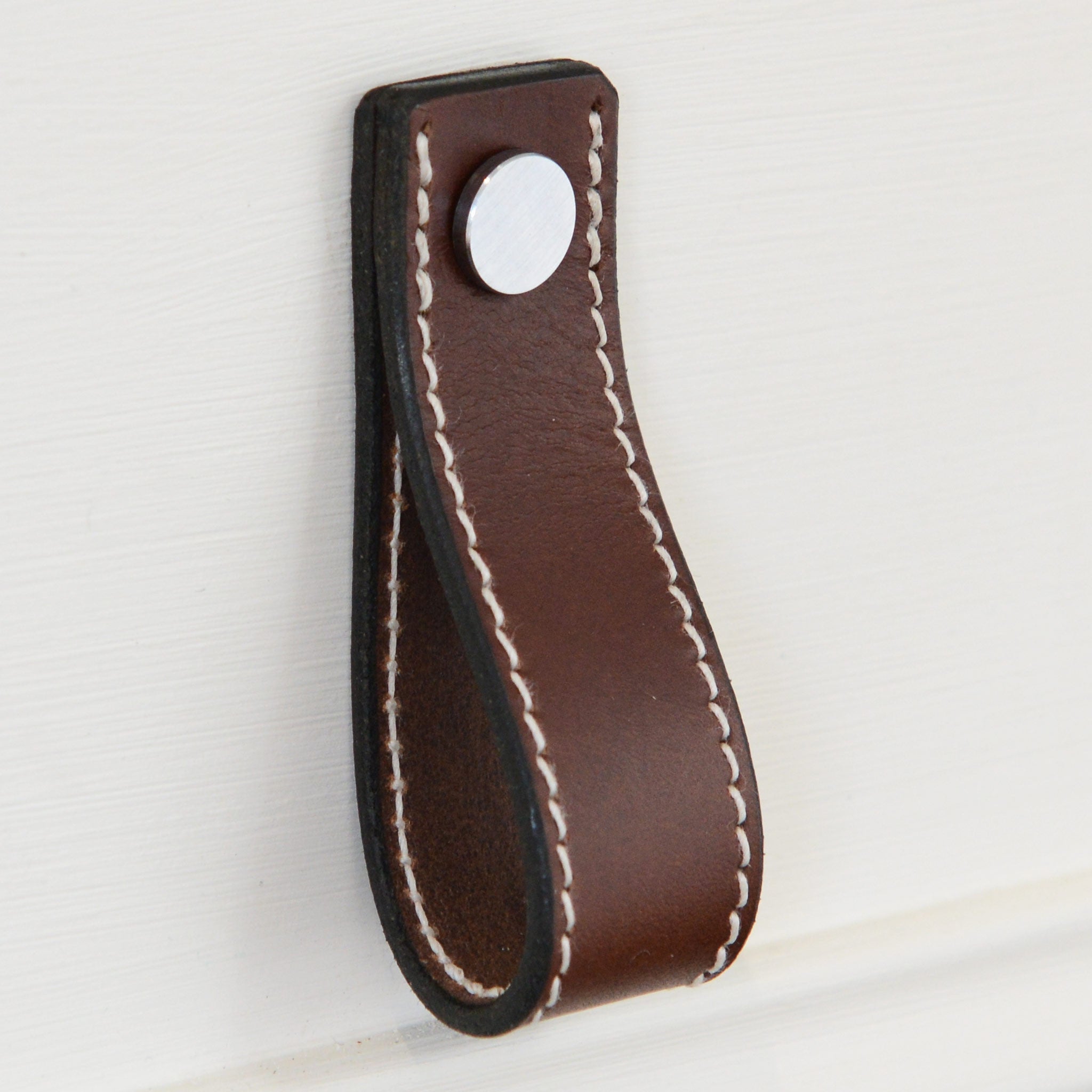 Lourdais Folded Brown Leather Door Pull with Satin Chrome Fixings