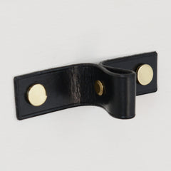Siboney Pinched Black Leather Door Pull with Polished Brass fixings