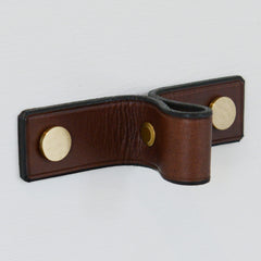 Siboney Pinched Brown Leather Door Pull with Satin Brass fixings