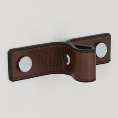 Siboney Pinched Brown Leather Door Pull with Satin Chrome fixings