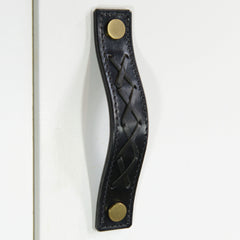 Texon Woven Black Leather Door Pull with Satin Brass fixings