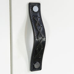 Texon Woven Black Leather Door Pull with Satin Chrome fixings